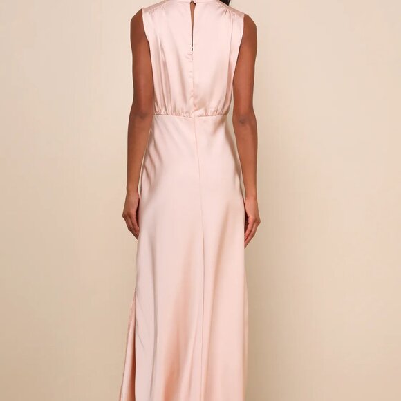 Classic Elegance Blush Satin Sleeveless Mock Neck Maxi Dress - Picture 2 of 3